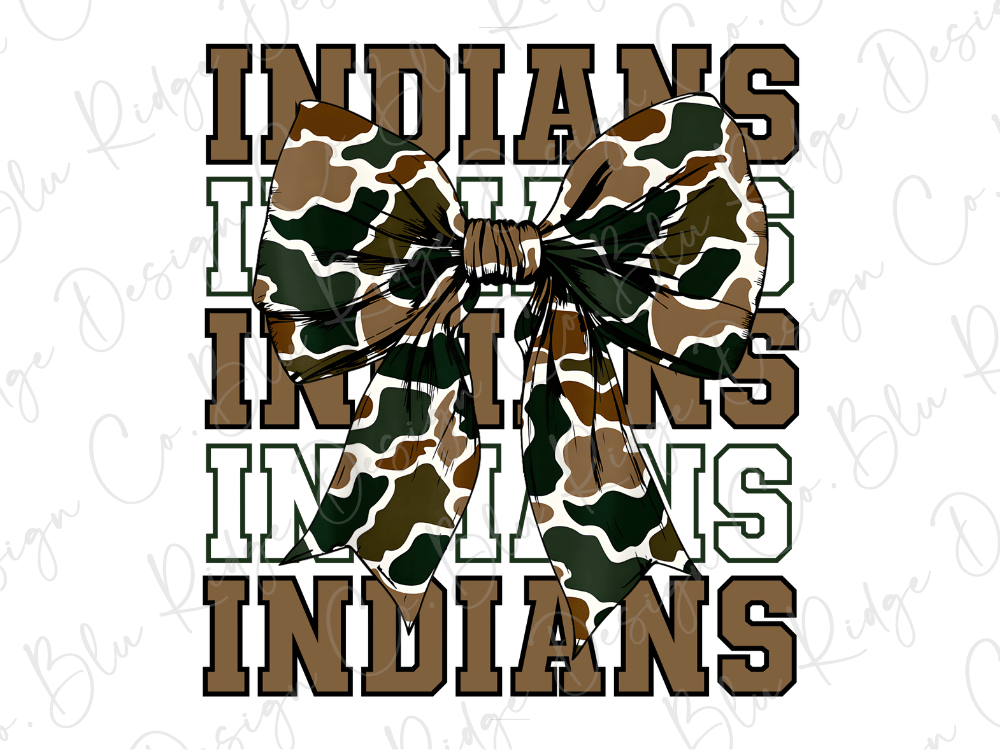 A camouflage bow with the word "INDIANS" written in a bold, capitalized font.