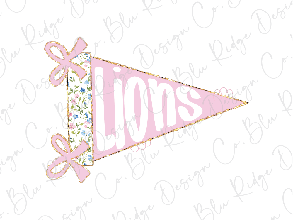 A pink triangular flag with the word "LIONS" written on it, along with two pink bows.