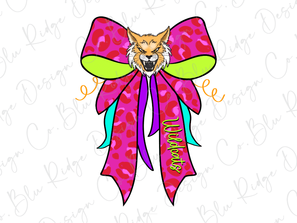 A cartoon illustration of a cat's head wearing a large pink bow with a leopard print pattern.