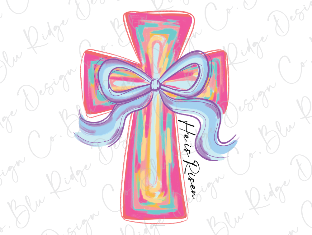 a colorful cross with a blue bow on it