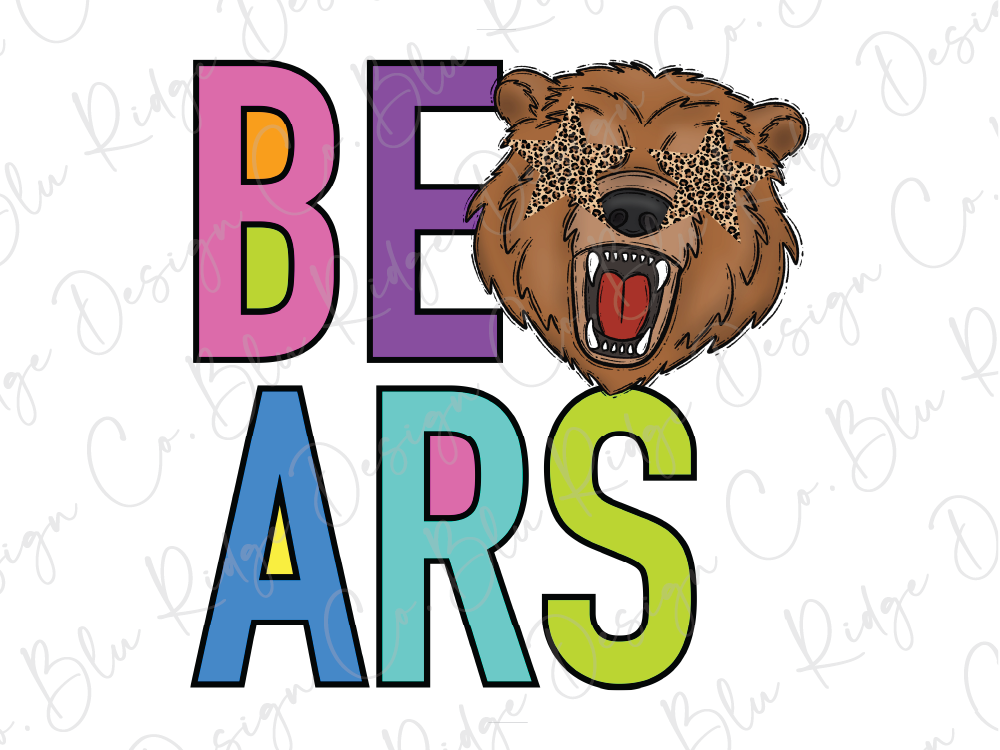A colorful graphic design featuring the word "BEARS" with a stylized bear's head in the center.