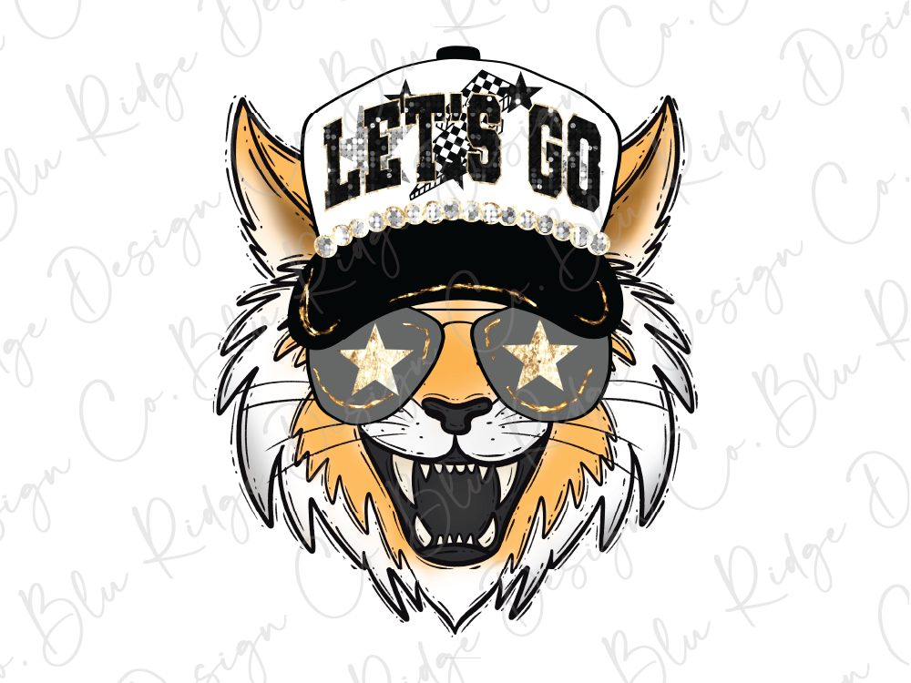 A stylized illustration of a cat wearing a hat with the text "LET'S GO" and sunglasses with stars.
