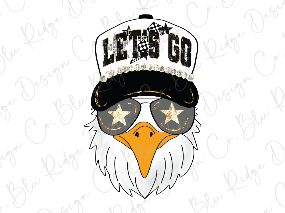 A stylized illustration of an eagle wearing a hat with the text "LET'S GO" and sunglasses with stars.
