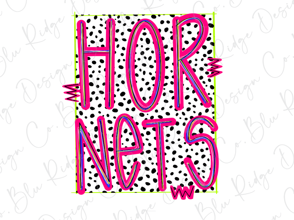 the word "HORNETS" in a bold, pink font against a background of black polka dots.