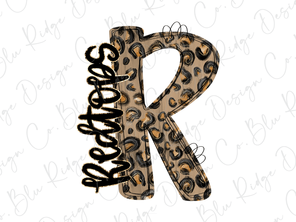 A stylized letter 'R' with a leopard print pattern, featuring the word "Redtops" written in a cursive font.