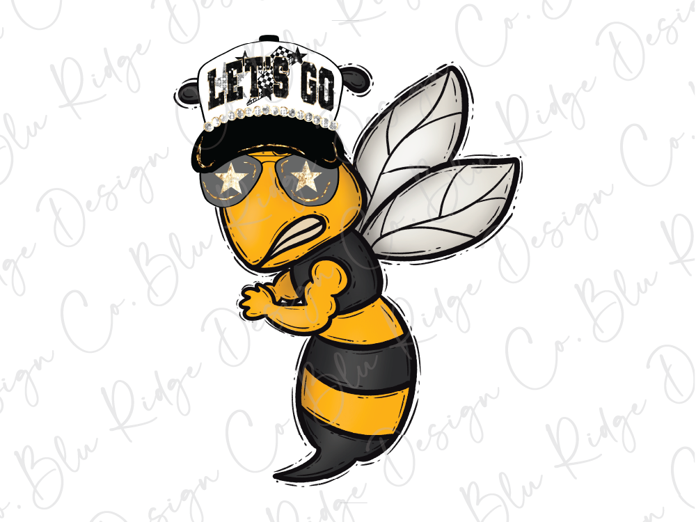 A cartoon bee wearing a baseball cap with the phrase "LET'S GO" on it, along with sunglasses and a determined expression.