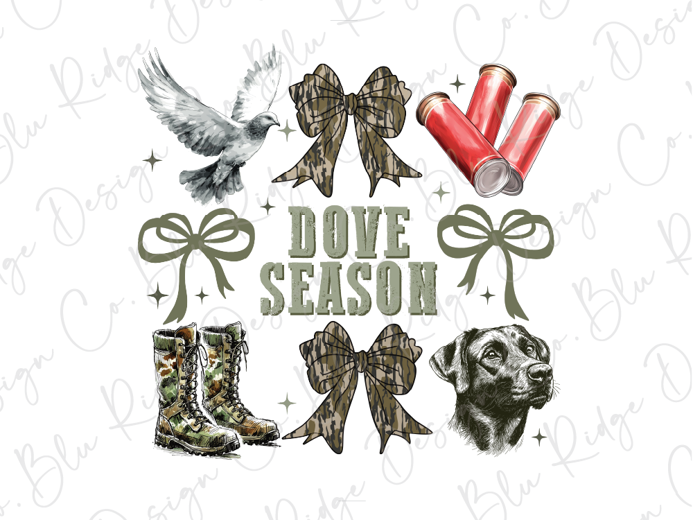 The image is a collage featuring various elements related to the word "Dove Season", including a bird, a bow, a dog, and some hunting gear.