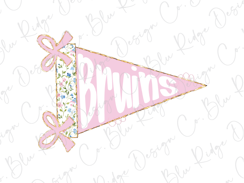 A pink triangular flag with the word "Bruns" written on it, along with two pink bows.