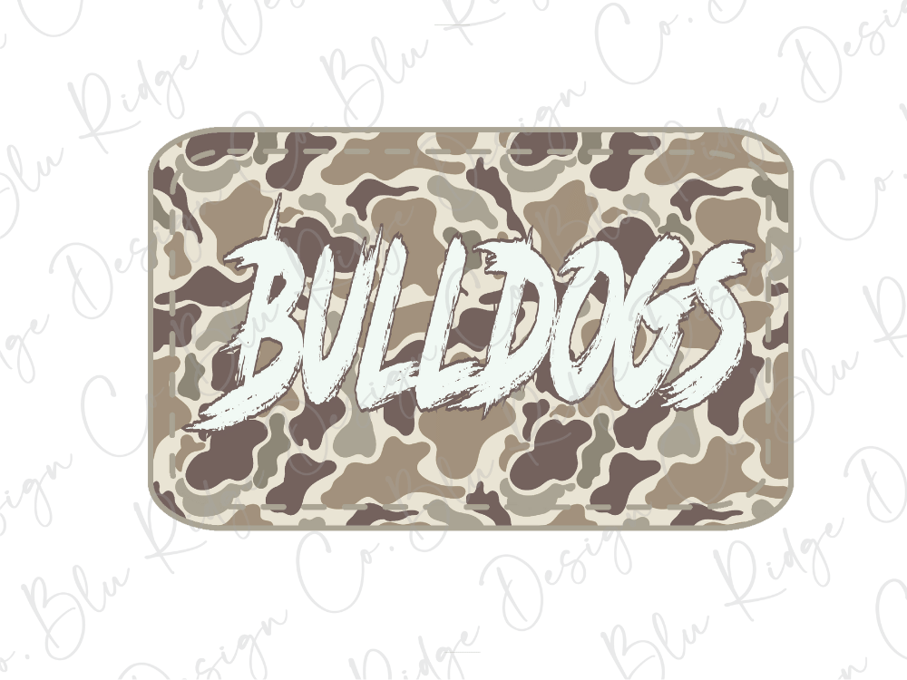 A camouflage-patterned rectangular object with the word "Bulldogs" written in white text on it.