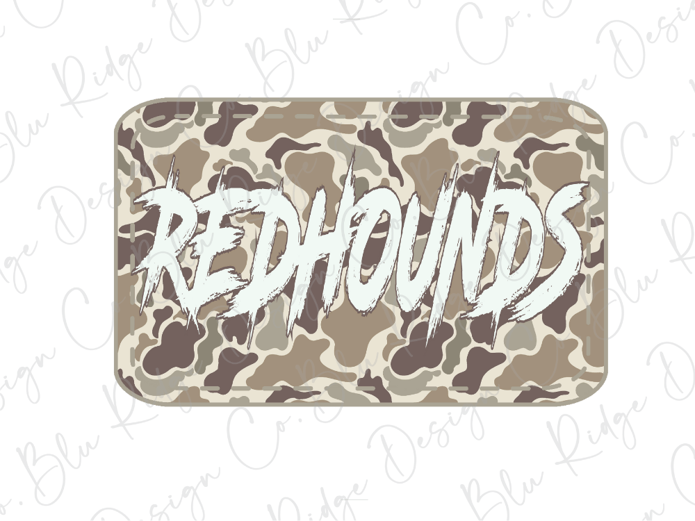 A camouflage-patterned rectangular object with the word "REDHOUNDS" written in a stylized, distressed font.