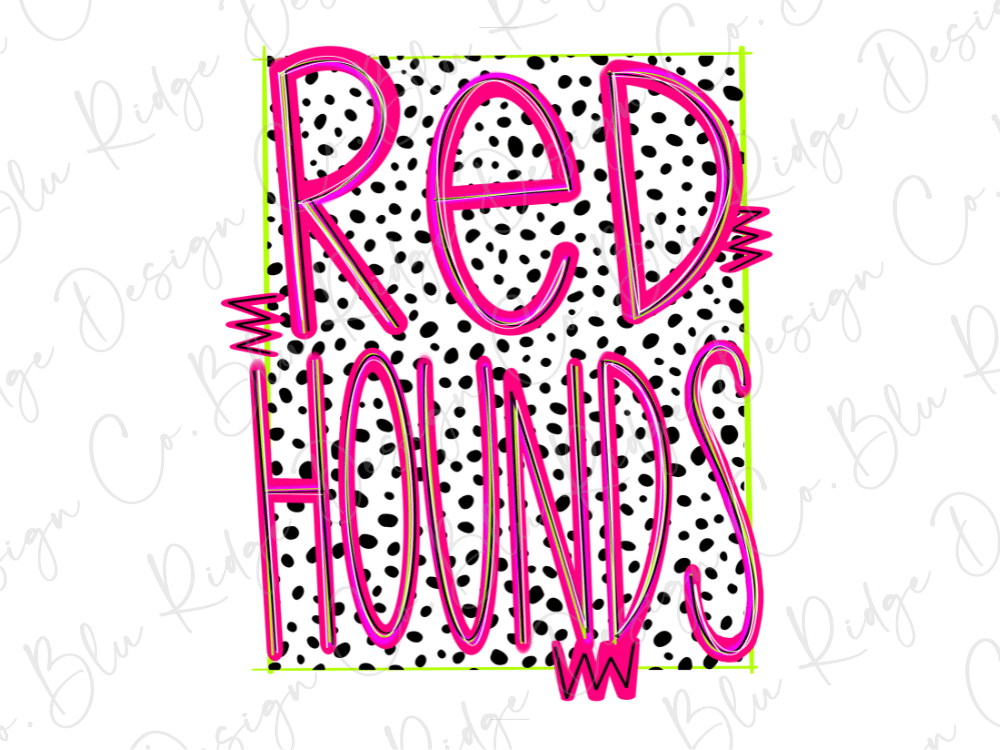 the text "RED HOUNDS" in a bold, pink font against a background of black and white polka dots.