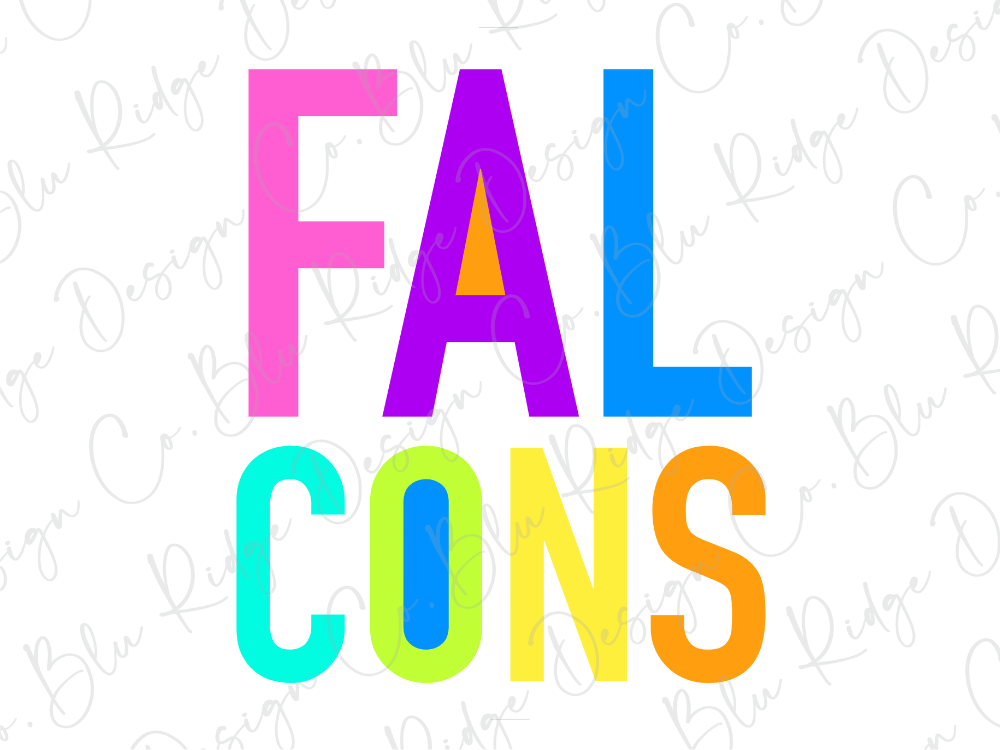 the text "FALCONS" in a large, colorful font.