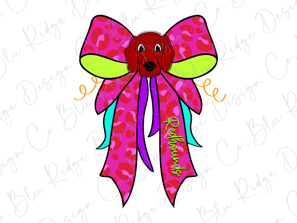 A colorful illustration of a dog wearing a large pink bow with a leopard print pattern.