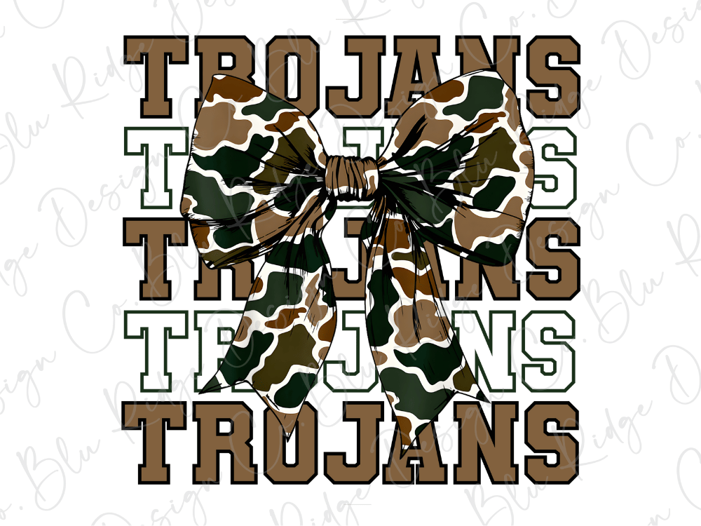 A camouflage bow tie with the word "TROJANS" written in a bold, capitalized font.