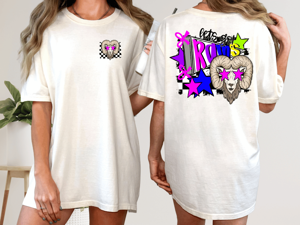 A white t-shirt with a graphic design on the back, featuring a stylized image of a ram with a checkered pattern and colorful elements.