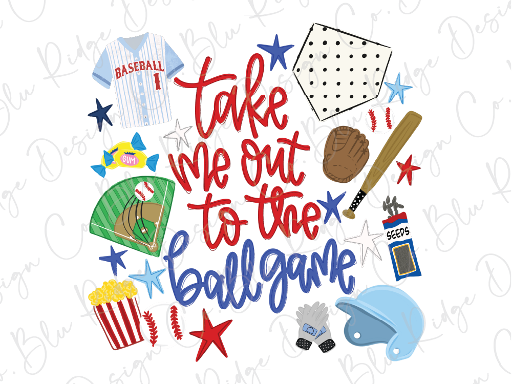 The image is a collage of various baseball-related items, including a baseball jersey, a baseball bat, a baseball glove, a baseball, and a popcorn bucket, along with the text "Take me out to the ballgame".