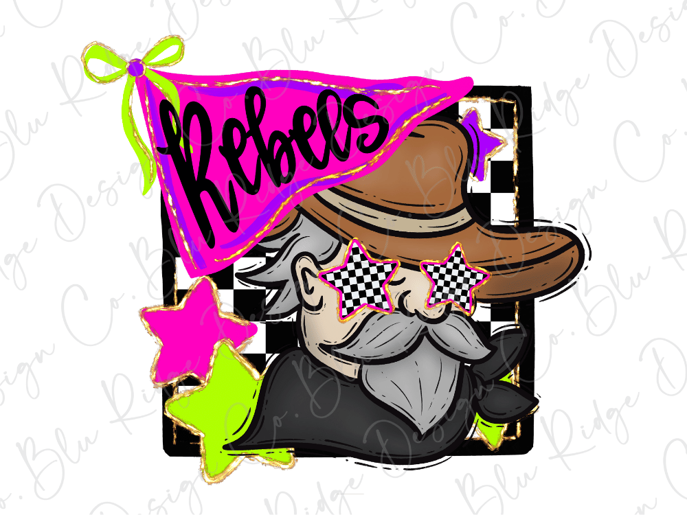 A colorful illustration featuring a person wearing sunglasses, a hat, and a banner with the word "Rebel" written on it.