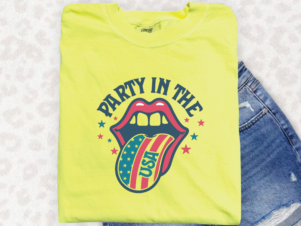 a yellow shirt with the words party in the usa on it