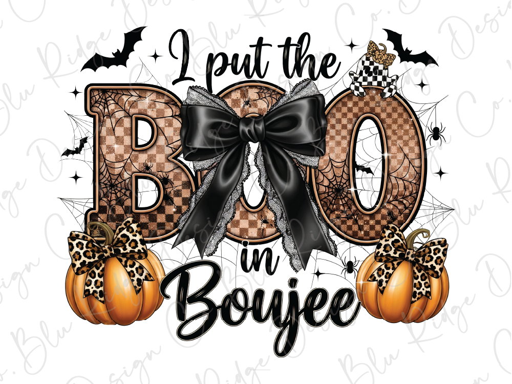 a Halloween-themed design with the text "I put the BOO in BOojee" surrounded by decorative elements such as leopard print pumpkins, a bow, and bats.