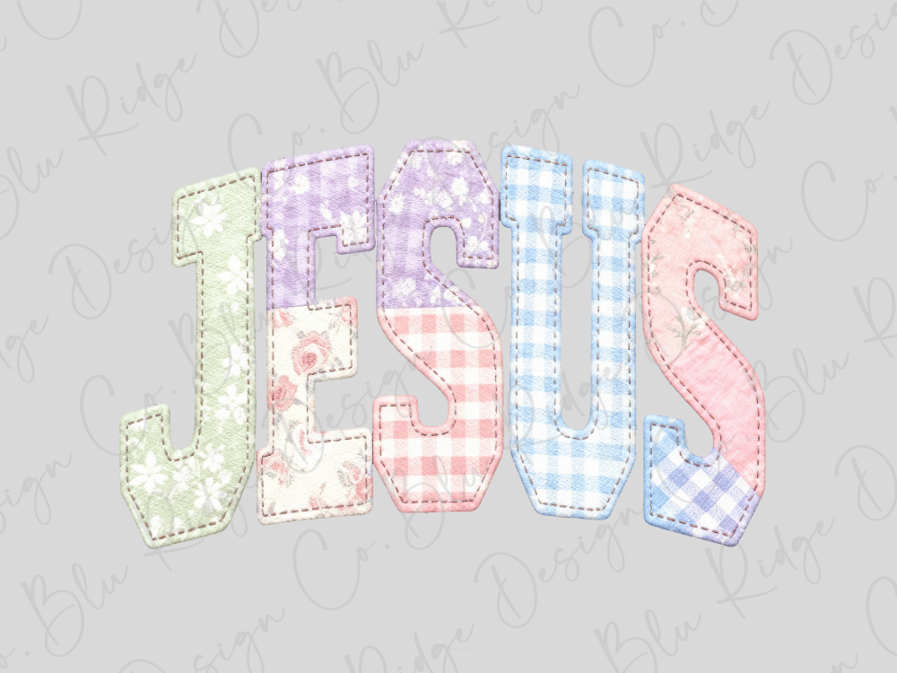 the word "JESUS" made up of colorful fabric patches in various pastel shades, including green, pink, blue, and white.