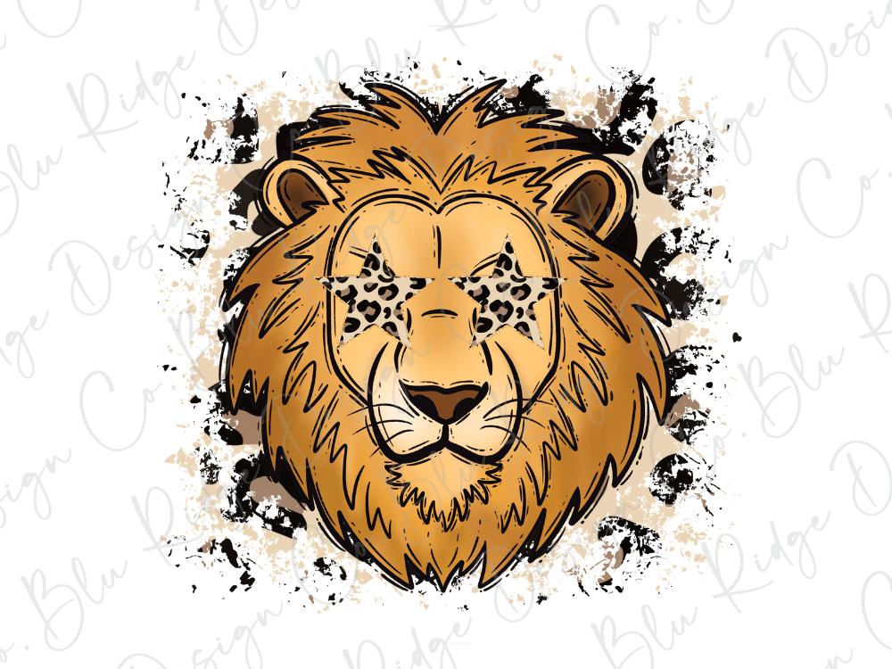A stylized illustration of a lion's head with a star-shaped eye and a leopard print pattern around the eyes.