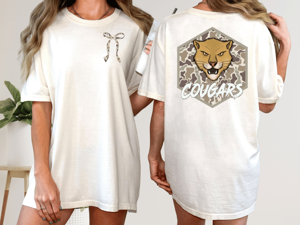 two different views of a white t-shirt with a cougar graphic and the word "Cougars" printed on it.