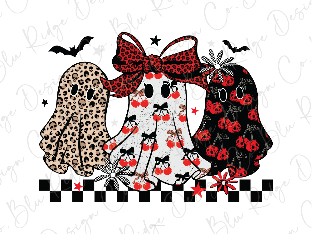 three ghost characters with distinct patterns and designs, including leopard print, red and white polka dots, and black and white stripes. The ghost characters are arranged in a row, with one on the left, one in the middle, and one on the right. The background of the image is white, and there are bats and stars scattered throughout the scene.