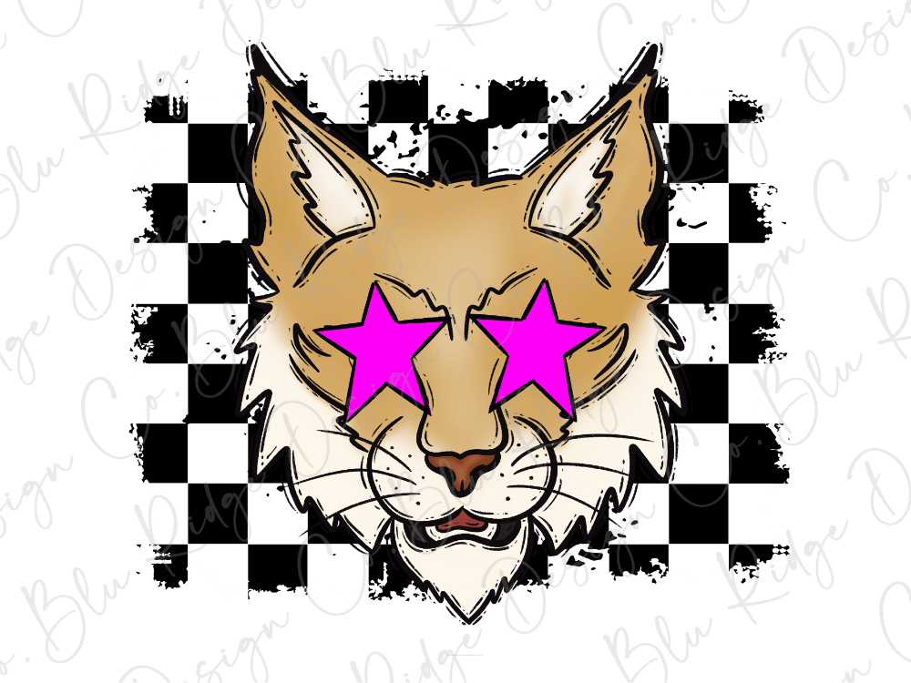 A cartoon-style illustration of a cat with large pink star-shaped eyes, set against a black and white checkered background.