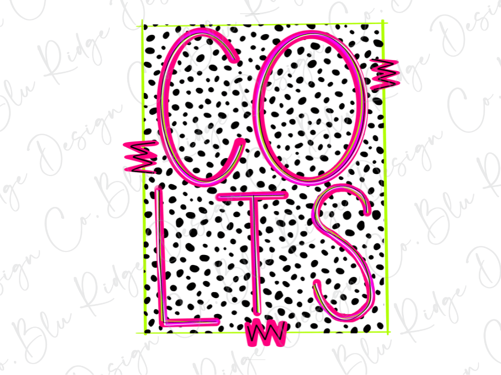 a bold and vibrant design with the text "COLTS" prominently displayed. The text is stylized with pink and black colors, and the background is a pattern of black and white polka dots. The design appears to be a creative and eye-catching representation of the word "COLTS".