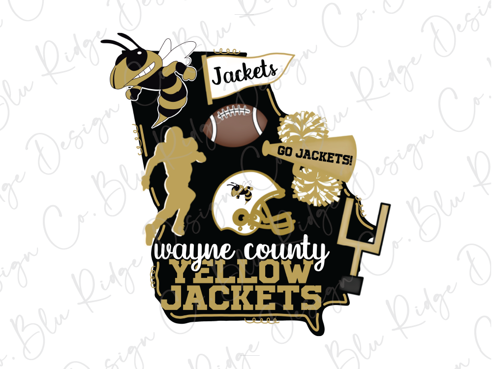 The image is a graphic design featuring various football-related elements, including a football, a bee, and a cheerleader, along with the text "Wayne County Yellow Jackets" and "Go Jackets!"