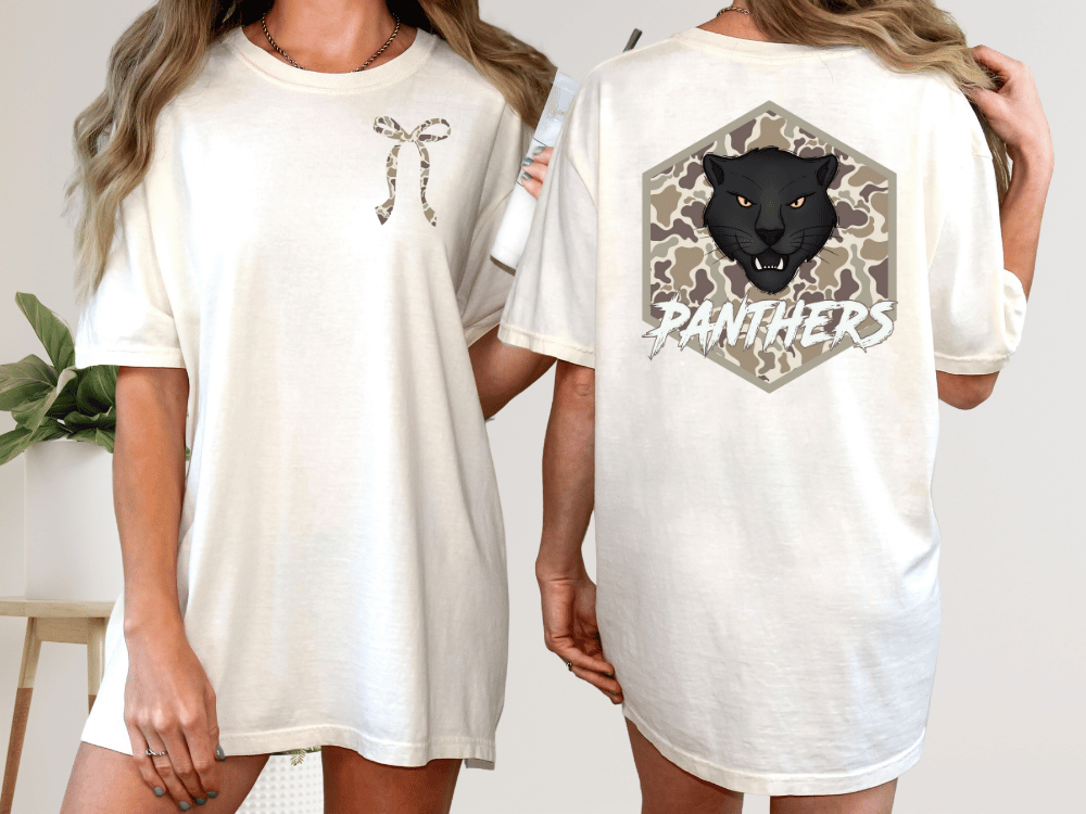 two different views of a white t-shirt with a graphic design on the back. The design features a black panther's head and the word "Panthers" written below it.