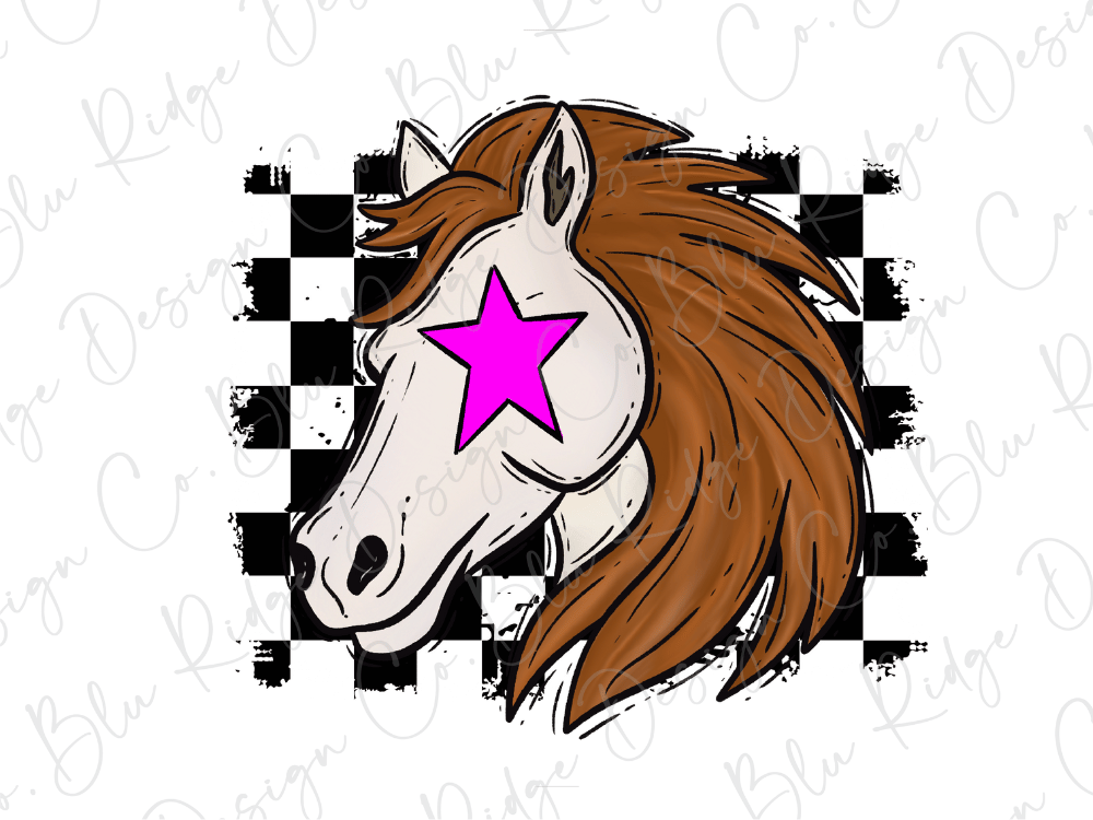 A stylized illustration of a horse's head with a pink star on its eye, set against a black and white checkered background.