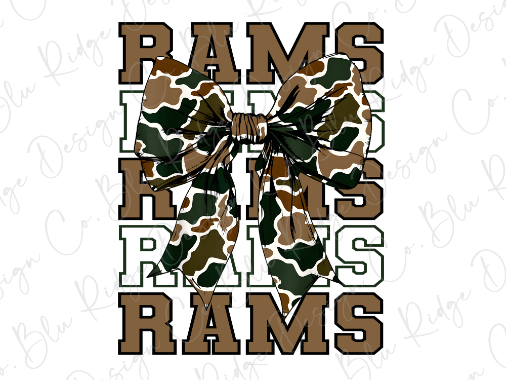 a large camouflage bow with the word "RAMS" written in a stylized font below it.