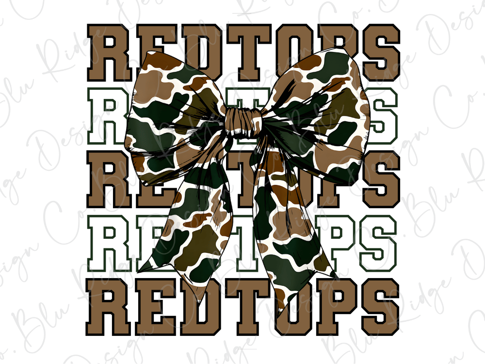 A camouflage bow is prominently displayed in the center of the image, surrounded by the repeated text "REDTOPS" in a stylized font.