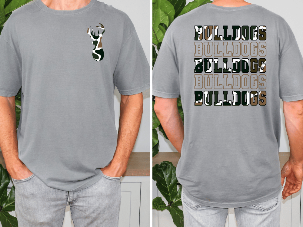 a man wearing a gray t-shirt with a graphic design on the front and back.