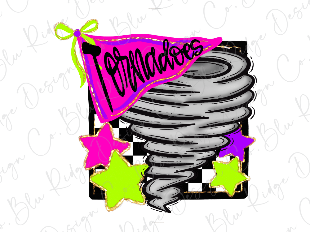 a stylized representation of a tornadoes, with a pink flag displaying the word "Tornadoes" and colorful stars surrounding the tornadoes.