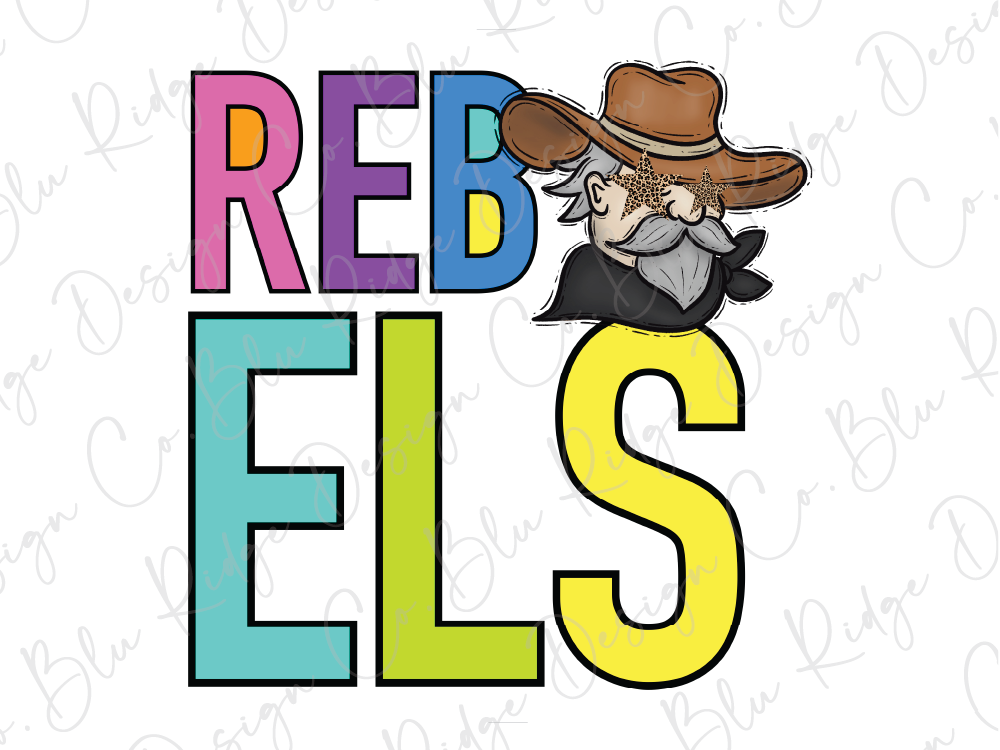 a cartoon cowboy wearing a hat and scarf, with the word "REBEL" written in large letters below him.