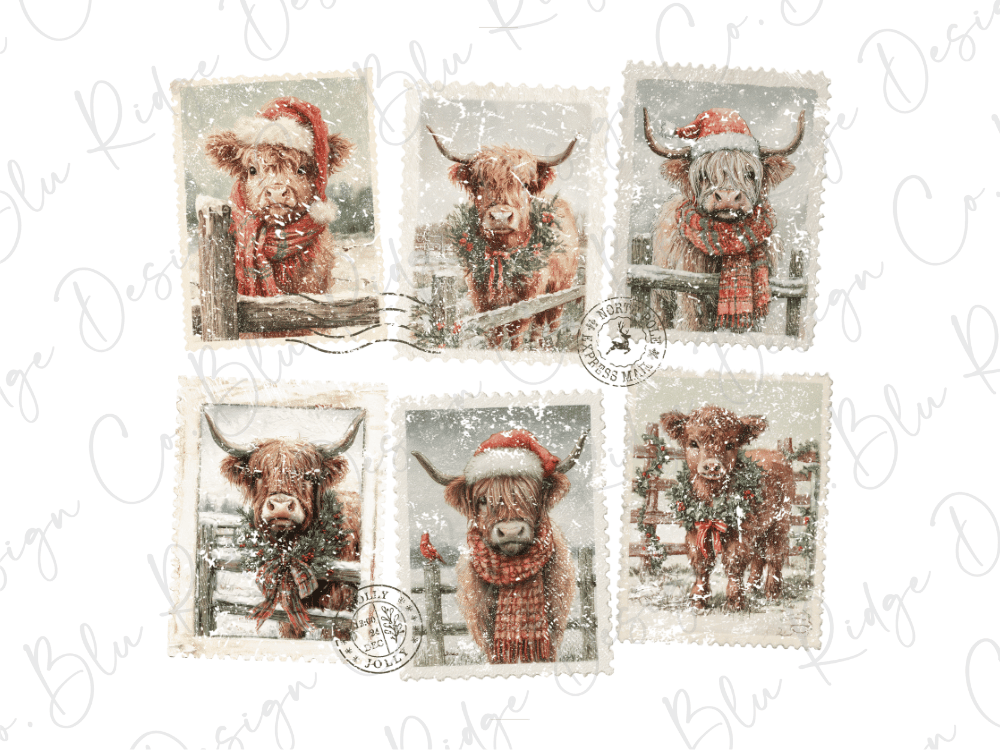 A collage of six postage stamps featuring a cow wearing a Santa hat and scarf, with each stamp depicting a different cow in a winter setting.