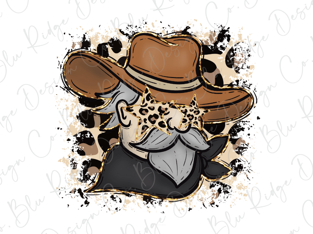 A stylized illustration of a man wearing a cowboy hat and a bandana, with a leopard print pattern surrounding him.