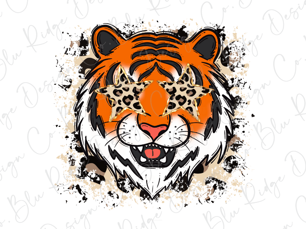 A stylized illustration of a tiger's face with leopard print eyes and a star-shaped nose, surrounded by splatter-like elements.