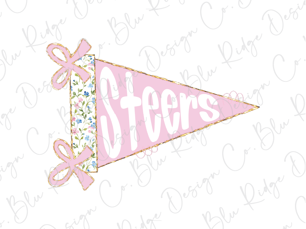 A pink triangular flag with the word "Steers" written on it, along with two pink bows.