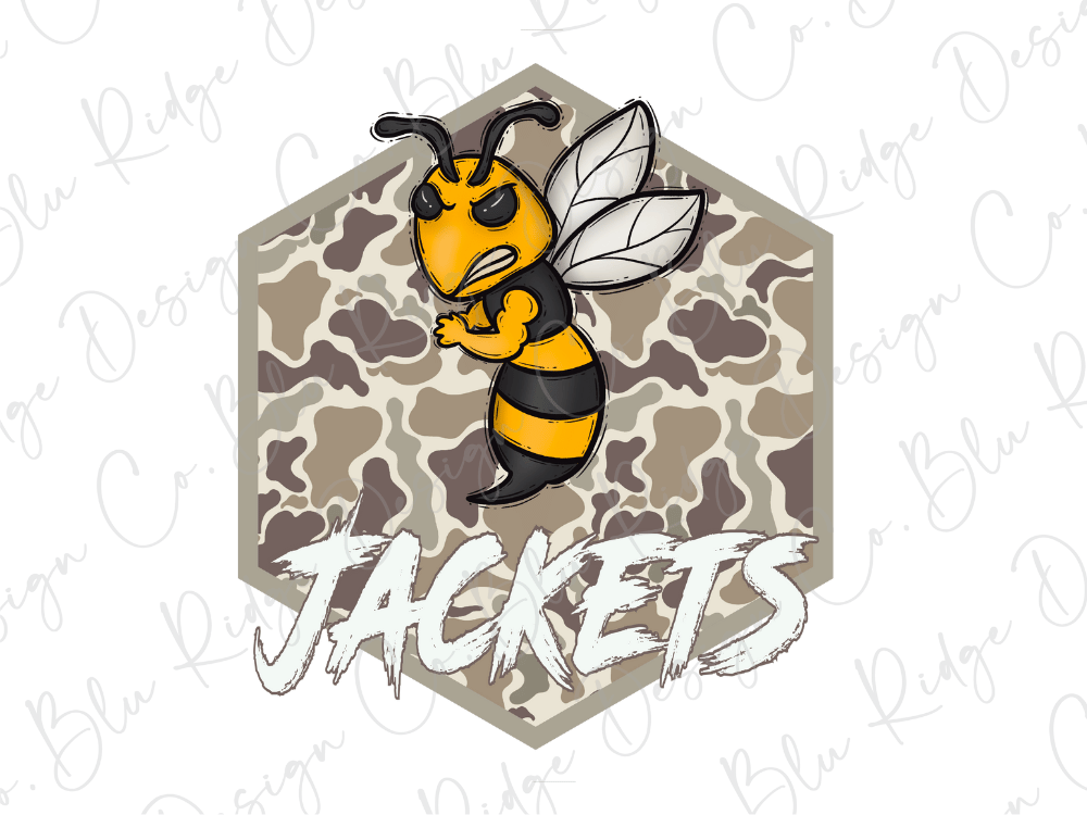 A cartoon bee with a yellow body and black stripes, wearing a black and white striped jacket, is depicted against a camouflage pattern. The word "JACKETS" is written below the bee.