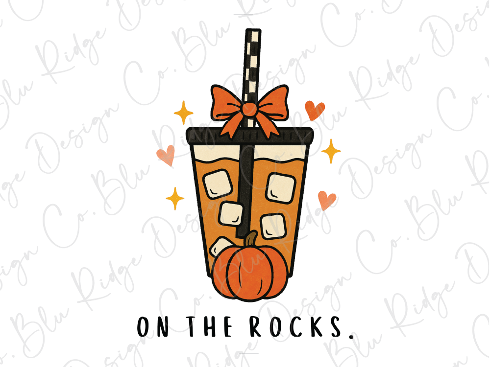 A cartoon illustration of a pumpkin with a bow, accompanied by the text "ON THE ROCKS."