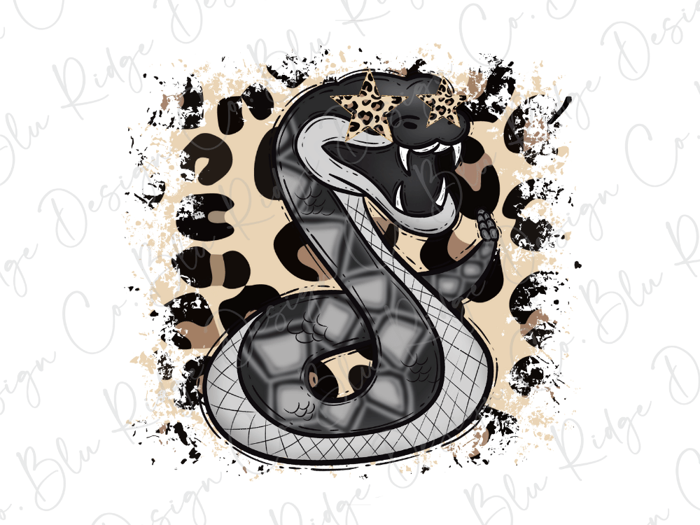 A stylized illustration of a snake with a leopard print pattern surrounding it, set against a white background with splatters and splotches.