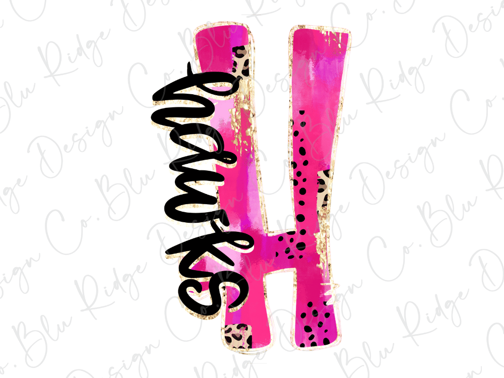 A pink and black design resembling a stylized letter "H" with a leopard print pattern.