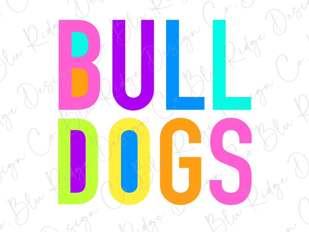 the word "Bulldogs" in a colorful, stylized font.