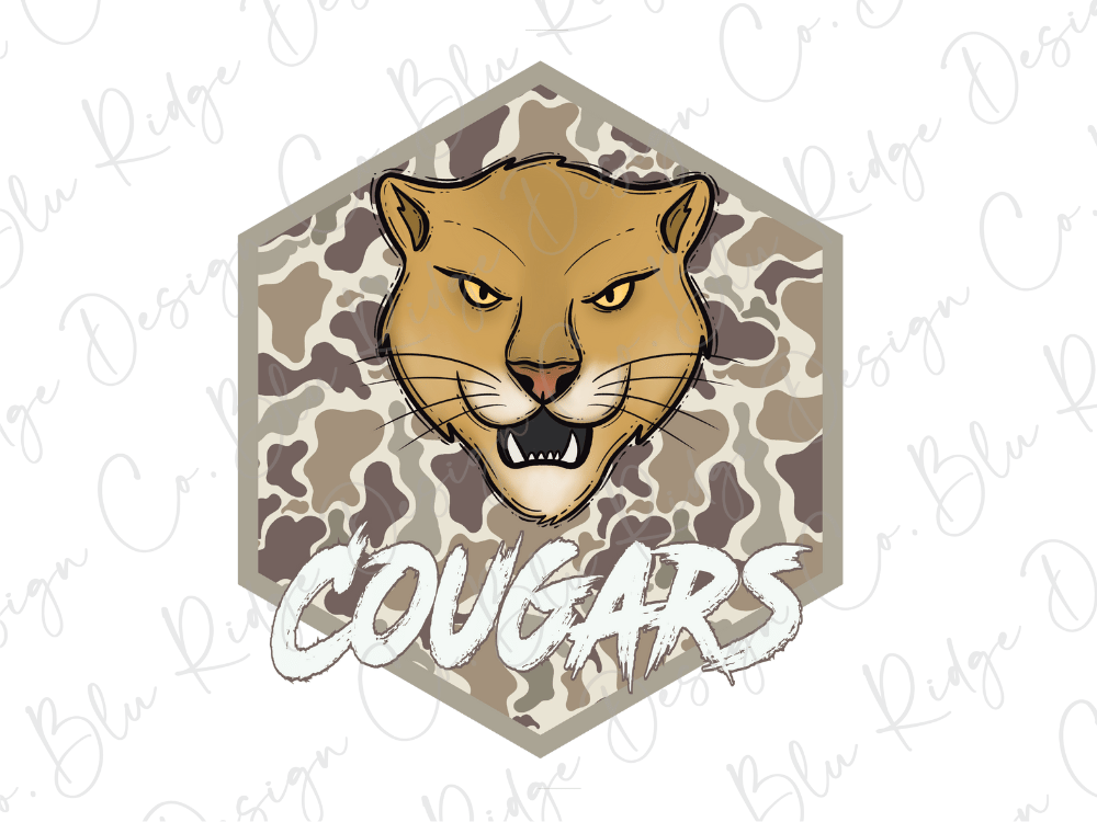a cougar, a large feline species, with the word "Cougars" written below it.
