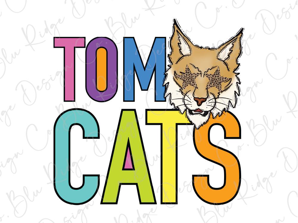 A colorful graphic design featuring the text "TOM CATS" with a stylized illustration of a cat's face.