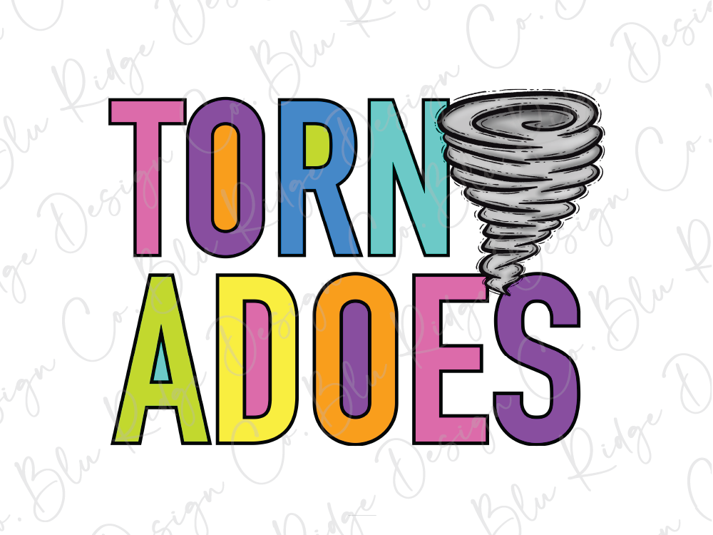 a colorful and stylized representation of the word "TORNADO" with a stylized depiction of a storm cloud.