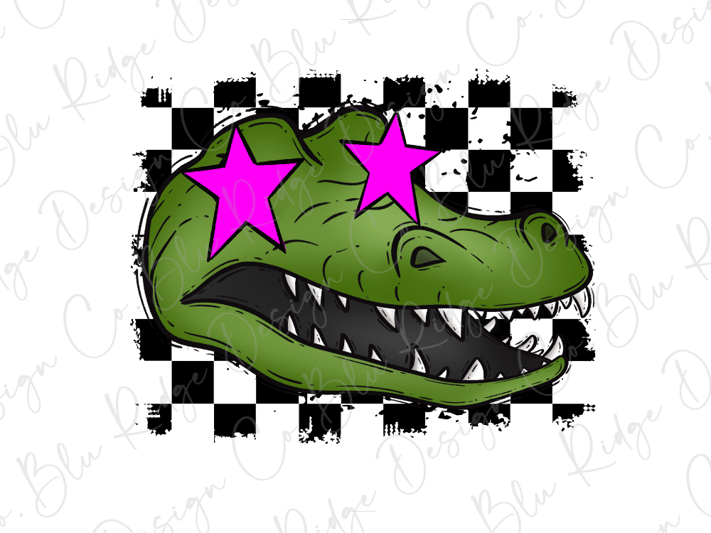 A cartoon-style illustration of a green alligator with pink star-shaped eyes, set against a black and white checkered background.